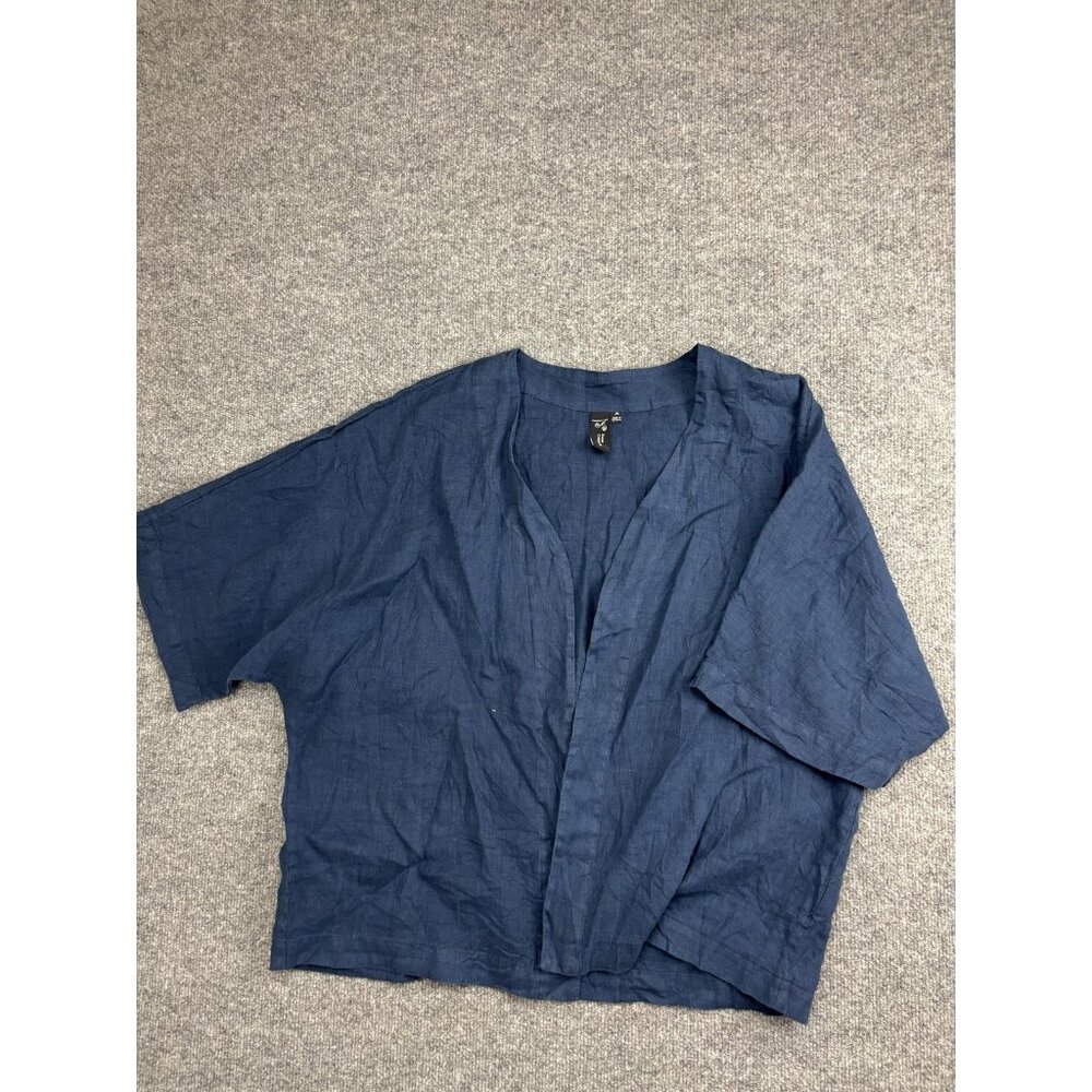 Focus Casual Life Linen Kimono Cardigan Womens Medium Navy Open Front Top